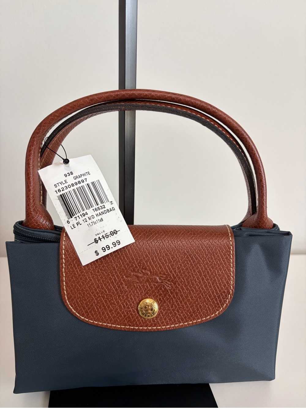 Longchamp Medium Handbag in Graphite with Brown Trim